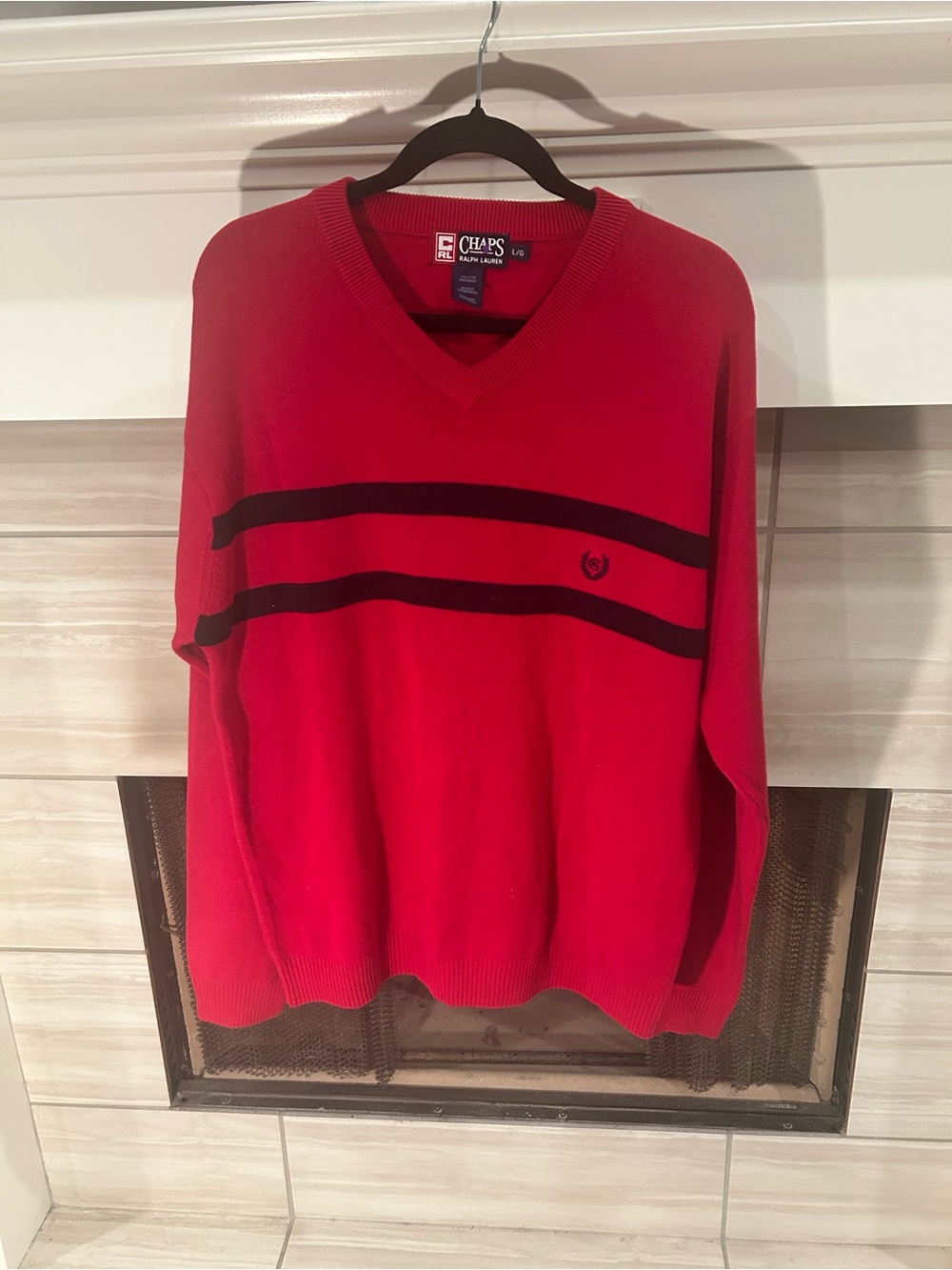Vintage Chaps Ralph Lauren Red V-Neck Sweater with Blue Stripes